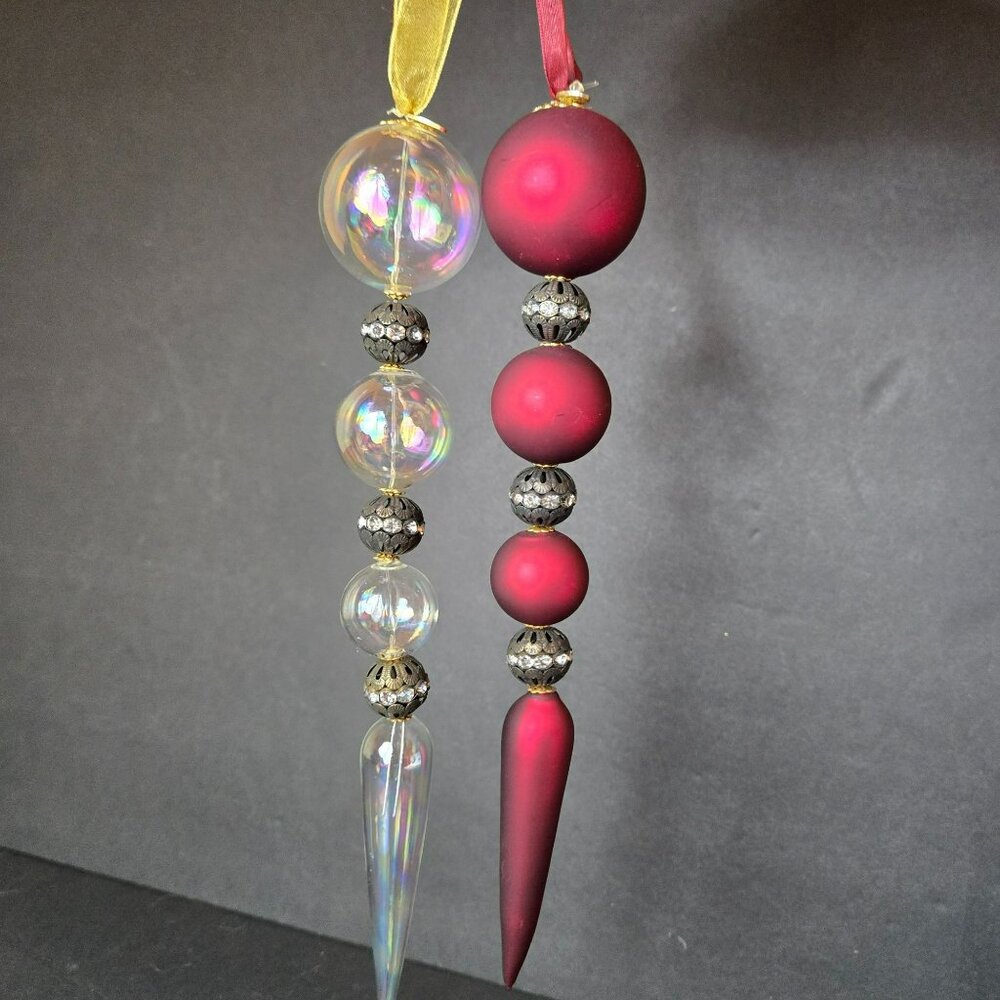 Frontgate Glass Drop Ornaments Set Red Clear Iridescent Beaded 9 Inch Elegant De